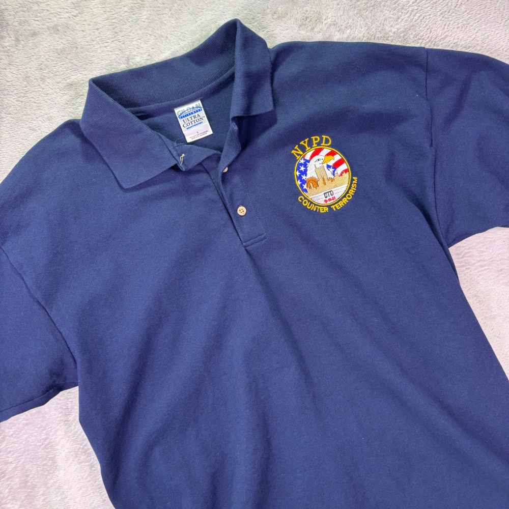 Gildan Mens Polo Shirt Size L Navy Blue NYPD Counter Terrorism 9-11-01 Patch